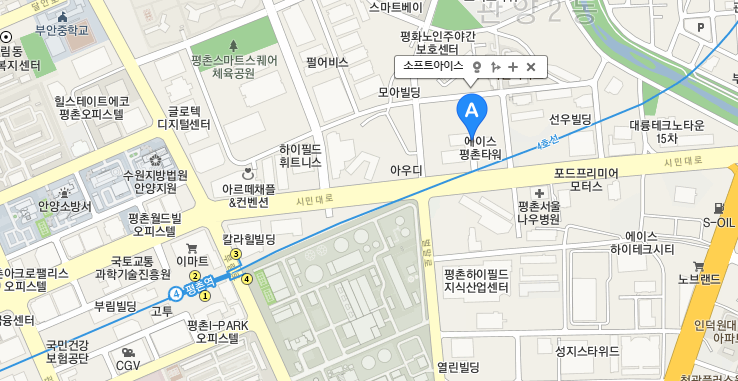 소프트아이스 오시는 길 지도 (경기도 안양시 동안구 시민대로 361 에이스평촌타워)